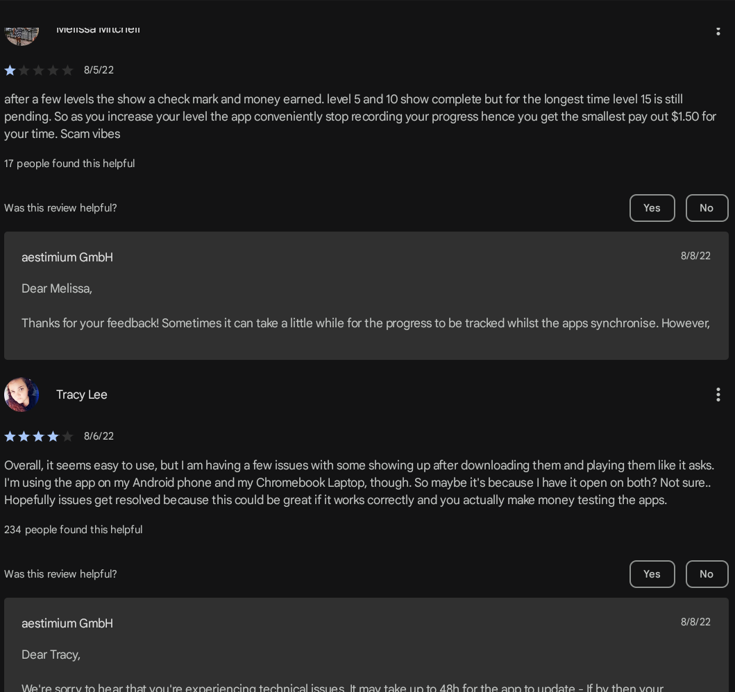 TesterUp Google Play reviews screenshot
