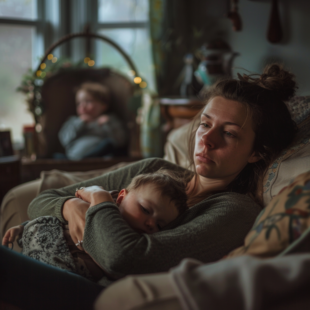 Mom sitting on couch feeling isolated
