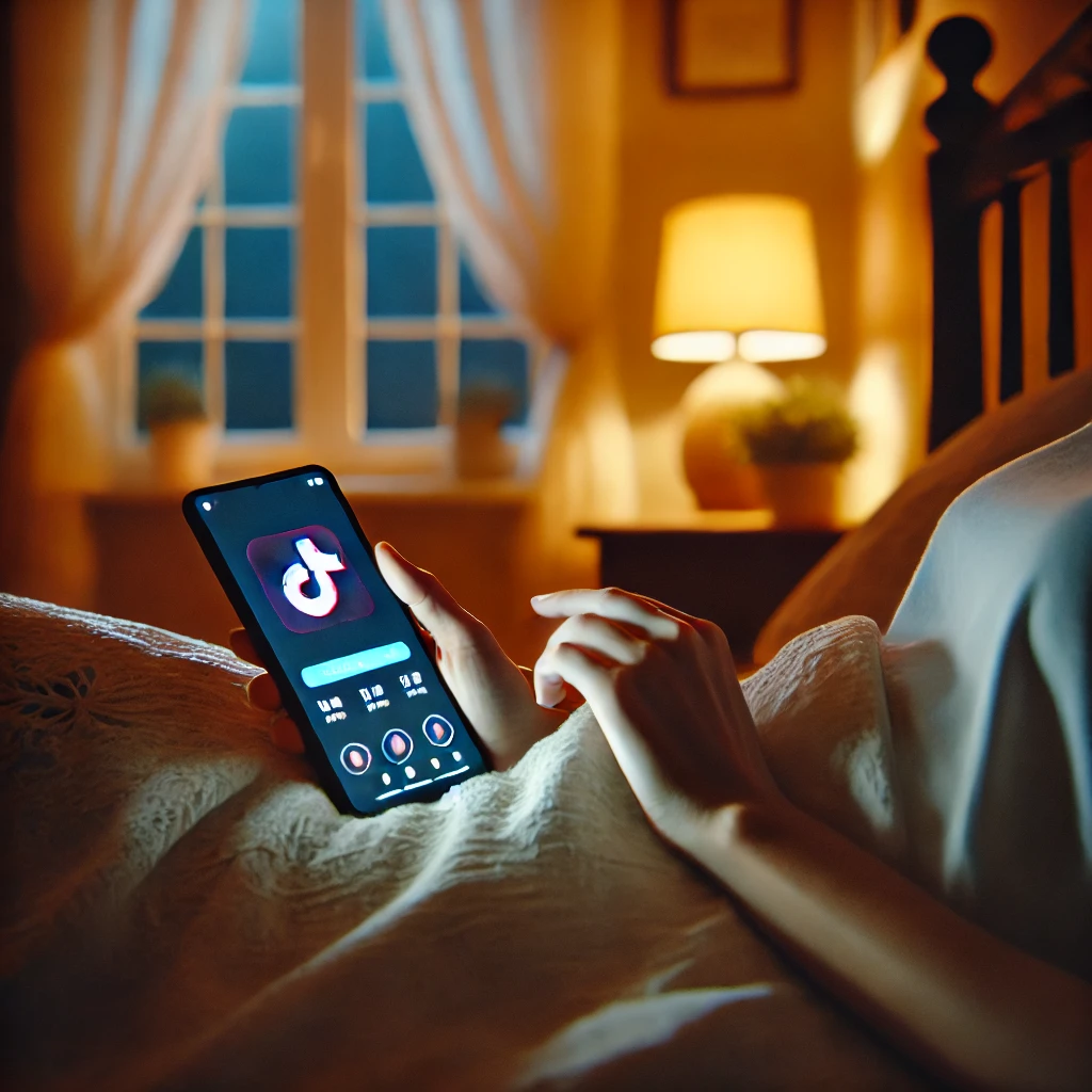 A cozy evening scene with a person scrolling TikTok on their smartphone while lying in bed