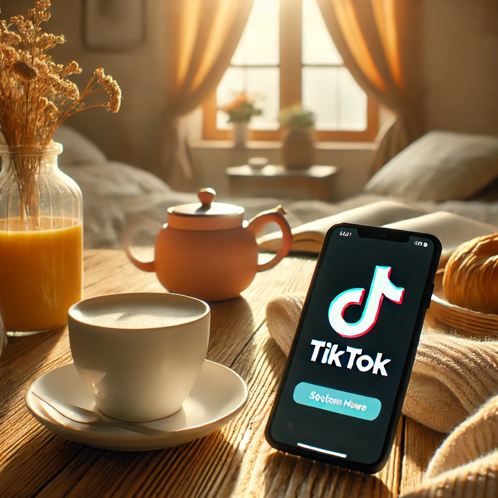 A cozy morning scene featuring a smartphone on a breakfast table, displaying the TikTok app