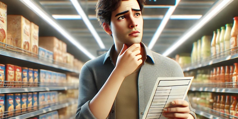 Confused man grocery shopping
