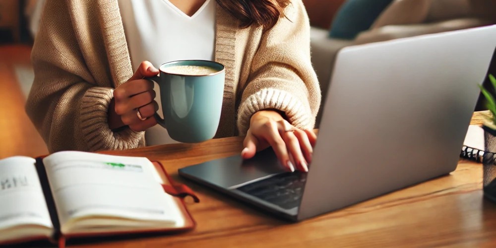 A mom working while drinking coffee