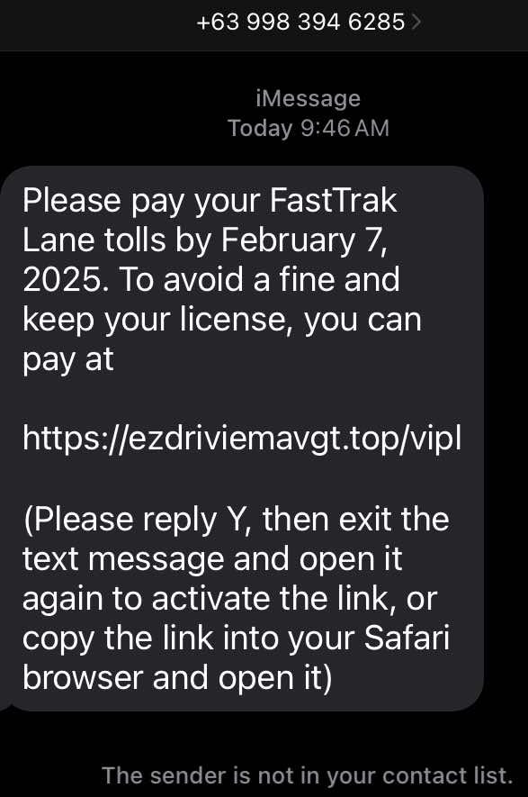 FastTrak Toll Lane Scam Text