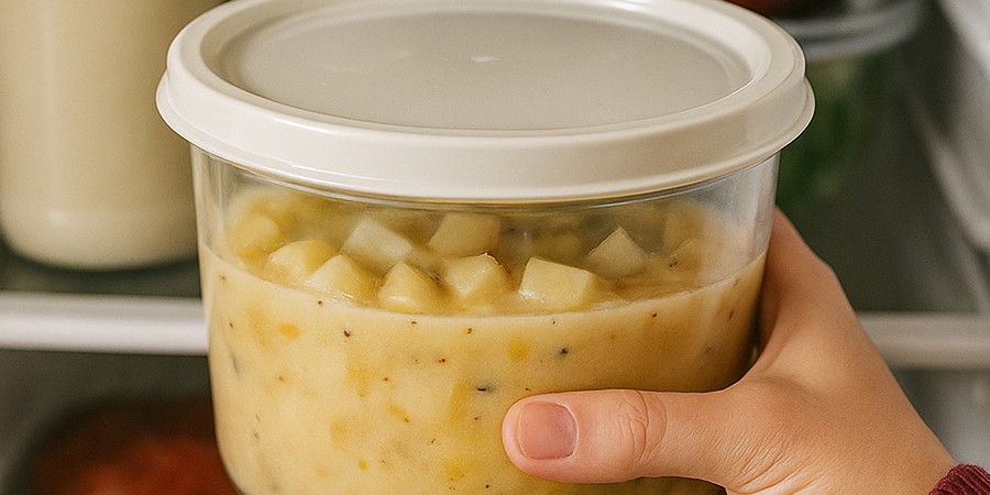 Leftover soup going in fridge